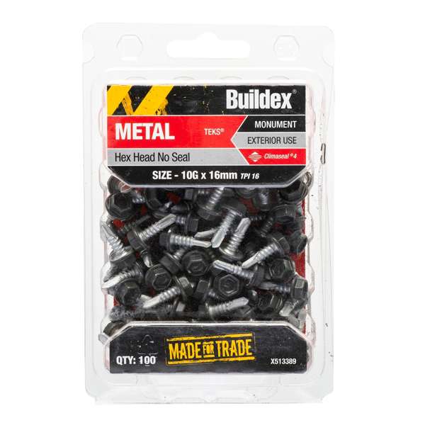 Buildex 10g x 16mm Monument Metal C4 HexHead No Seal Tek Screws - Box 100