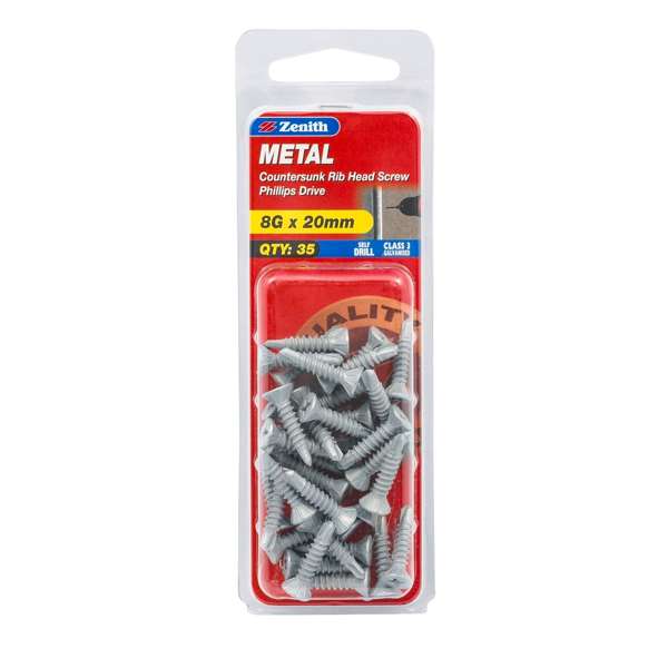 Zenith 8G x 20mm Galvanised Countersunk Rib Head Metal Screws - 35 Pack