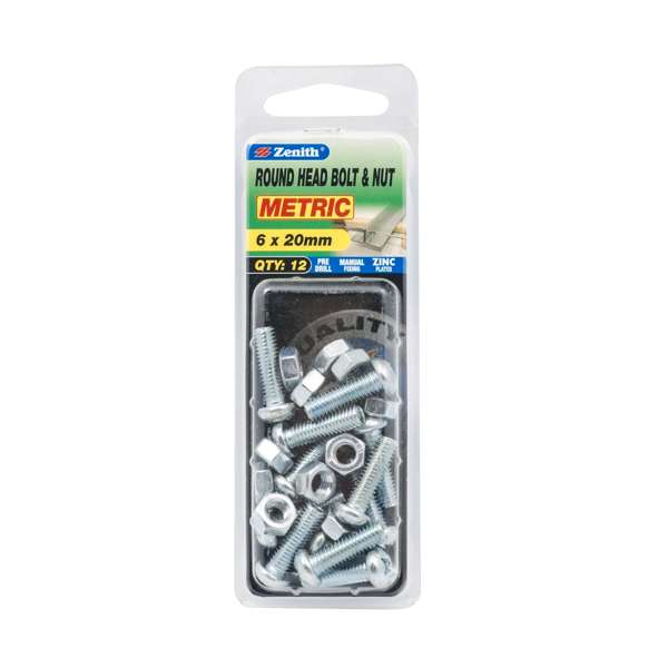 Zenith 6 x 20mm Zinc Plated Round Head Bolt And Nut - 12 Pack