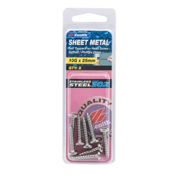 Zenith 10G x 25mm Stainless Steel Self Tapper Pan Head Sheet Metal Screws - 8 Pack