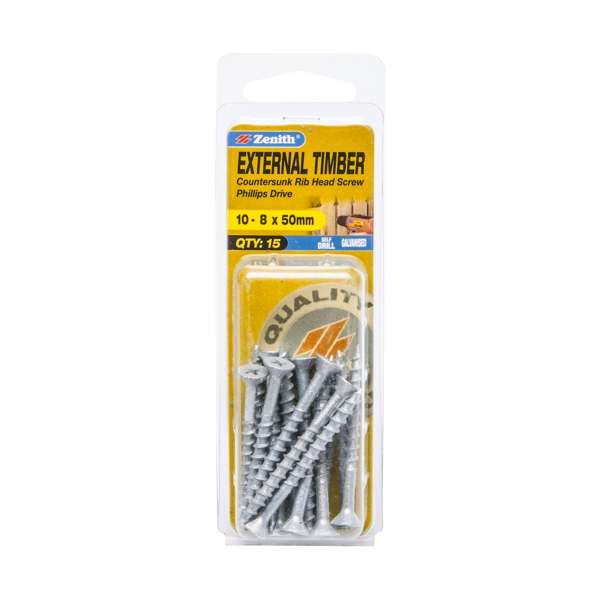 Zenith 10 - 8 x 50mm Galvanised Countersunk Rib Head External Timber Screws - 15 Pack