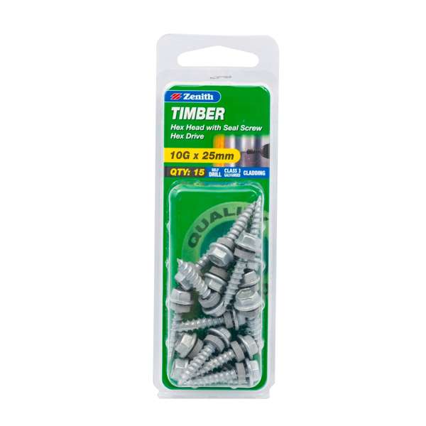 Zenith 10G x 25mm Galvanised Hex Head With Seal Timber Screws - 15 Pack