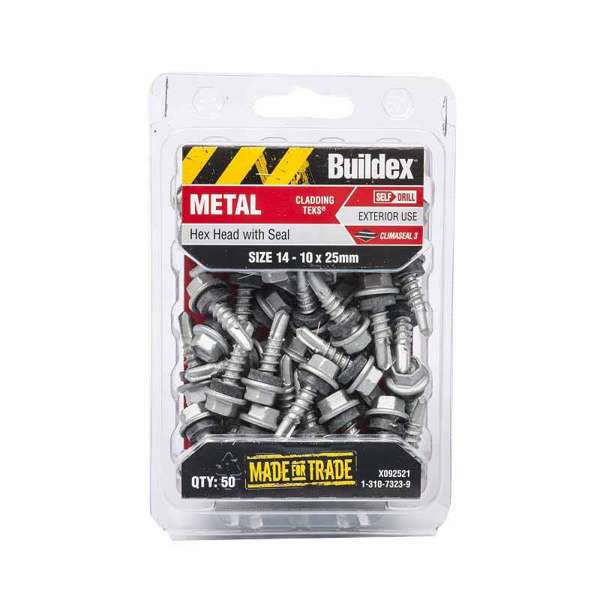 Buildex Metal Cladding Teks Hex Head With Seal 14 - 10 x 25mm - 50 Pack