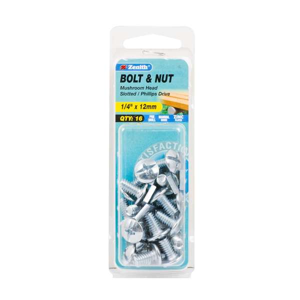 Zenith 1/4" x 12mm Zinc Plated Mushroom Head Bolt And Nut - 16 Pack