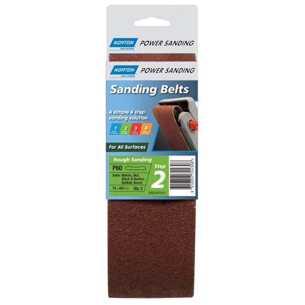 Norton Sanding Belt P60 Grit 75 x 457mm - 2 Pack