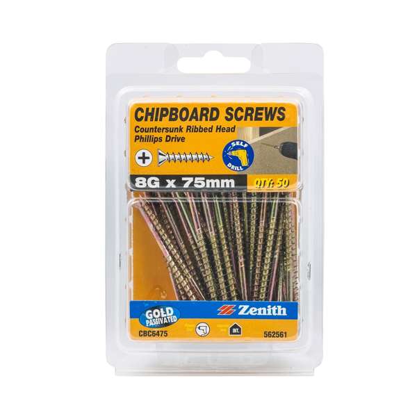 Zenith Chipboard Screw Philips Drive Gold Passivated 8G x 75mm - 50 Pack