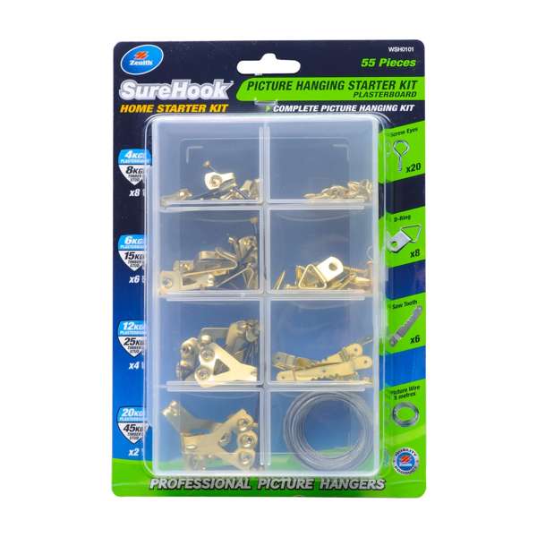 Zenith 4 / 45kg Brass Plated SureHook 55 Piece Plasterboard Picture Hanging Starter Kit