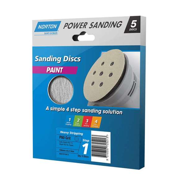 Norton Sanding Discs Step 1 Heavy Stripping P80 Grit 150mm 6 + 1 Holes x 180g - 5 Pack