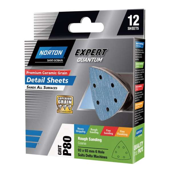 Norton Sanding Detail Sheet P80 Grit 93 x 93mm - 12 Pack