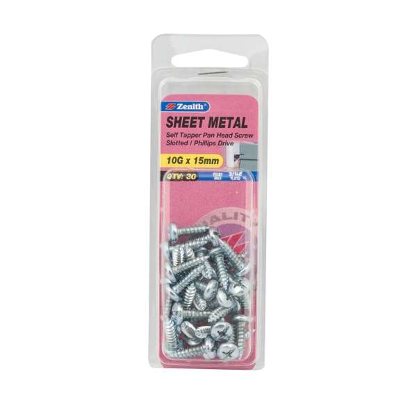 Zenith 10G x 15mm Zinc Plated Self Tapper Pan Head Sheet Metal Screws - 30 Pack