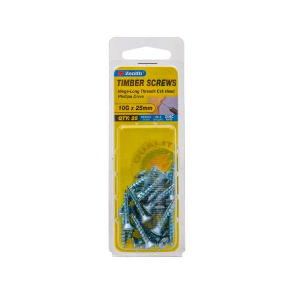 Zenith 10G x 25mm Zinc Plated Countersunk Head Wood Screws - 25 Pack