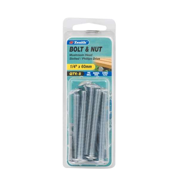 Zenith 1/4" x 60mm Zinc Plated Mushroom Head Bolt And Nut - 8 Pack