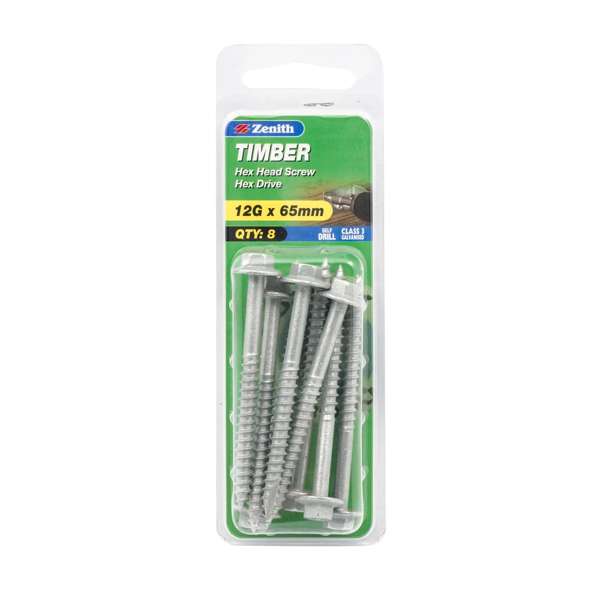 Zenith 12G x 65mm Galvanised Hex Head Timber Screws - 8 Pack