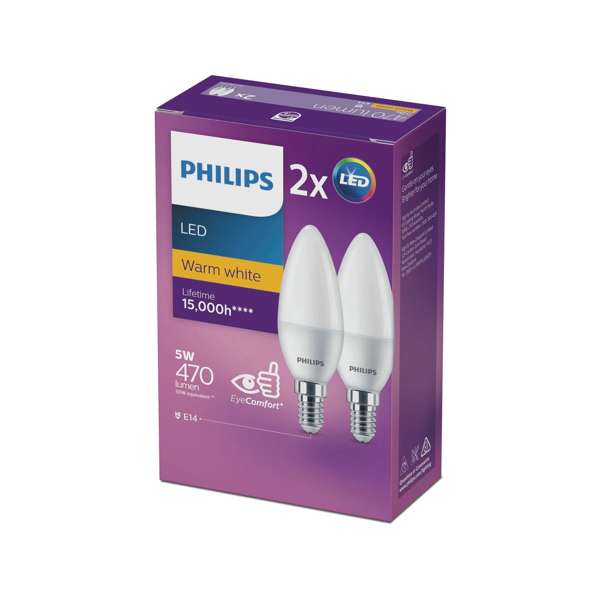 Philips Globe LED Candle 5W SES 470LM Warm White - 2 Pack