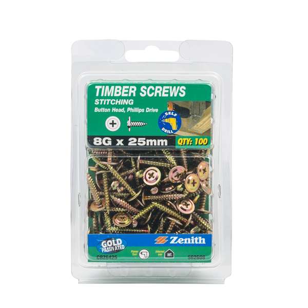 Zenith 8G x 25mm Gold Passivated Button Head Timber Screws - 100 Pack