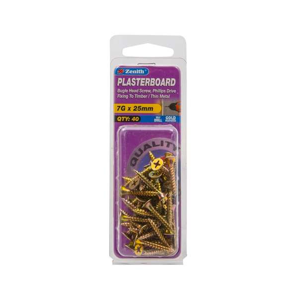 Zenith 7G - 16 x 25mm Needle Point Gold Passivated Plasterboard Screw - 40 Pack