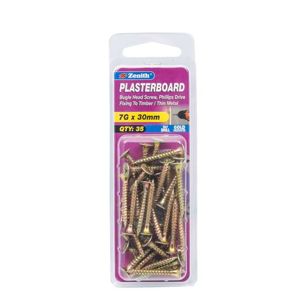 Zenith 7G x 30mm Gold Passivated Bugle Head Plasterboard Screws - 35 Pack