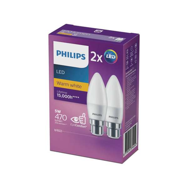 Philips Globe LED Candle 5W BC 470LM Warm White - 2 Pack