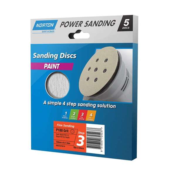 Norton Sanding Discs Step 4 Fine Sanding P180 Grit 150mm 6 + 1 Holes x 180g - 5 Pack