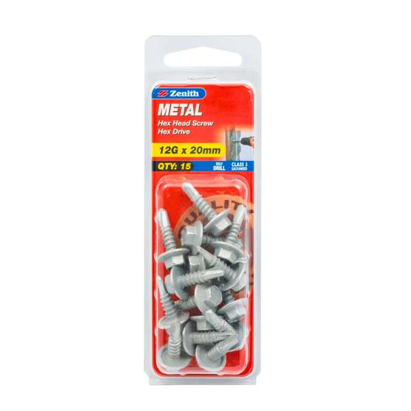 Zenith 12G x 20mm Galvanised Hex Head Metal Screws - 15 Pack