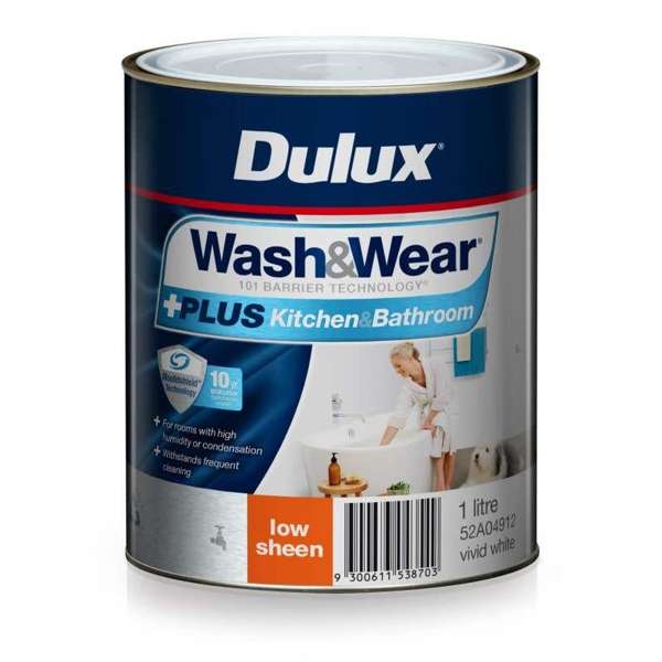 Dulux Wash & Wear +Plus Kitchen & Bathroom Low Sheen Vivid White 1L