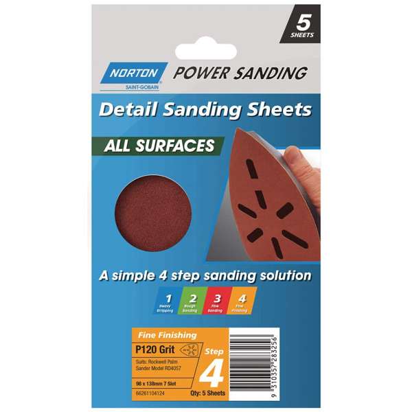 Norton Sanding Sheet P120 Grit 98 x 138mm - 5 Pack