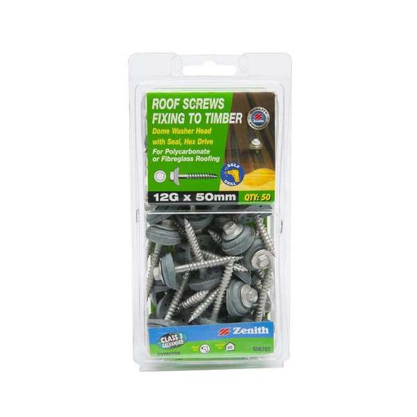 Zenith Timber Screws Polycarbonate Roof Screws 12G x 50mm - 50 Pack