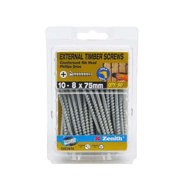 Zenith External Timber Screws Galvanised 10G x 75mm - 50 Pack