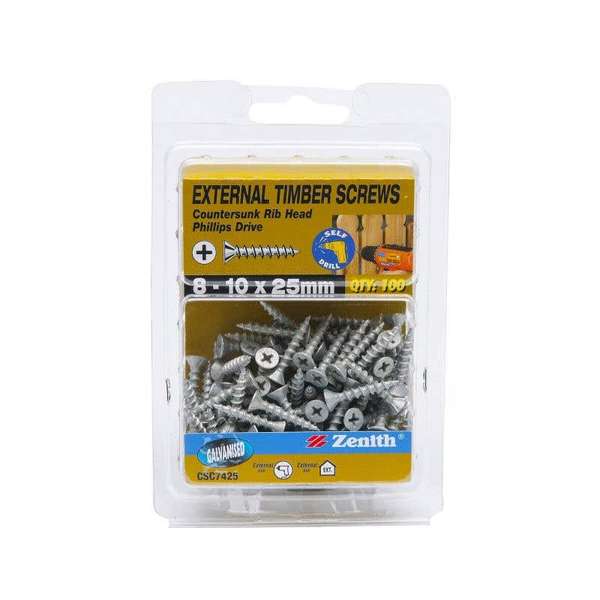 Zenith External Timber Screws Galvanised 8G x 25mm - 100 Pack