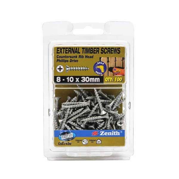 Zenith External Timber Screws Galvanised 8G x 30mm - 100 Pack