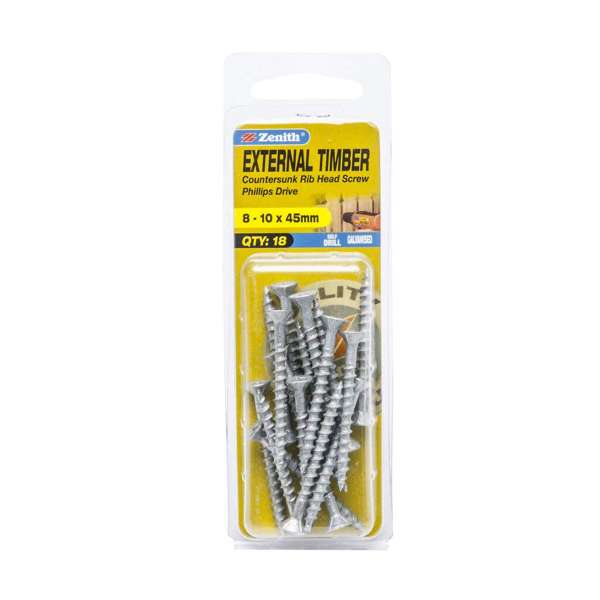 Zenith External Timber Countersunk Rib Head Screw 8-10 x 45mm - 18 Pack