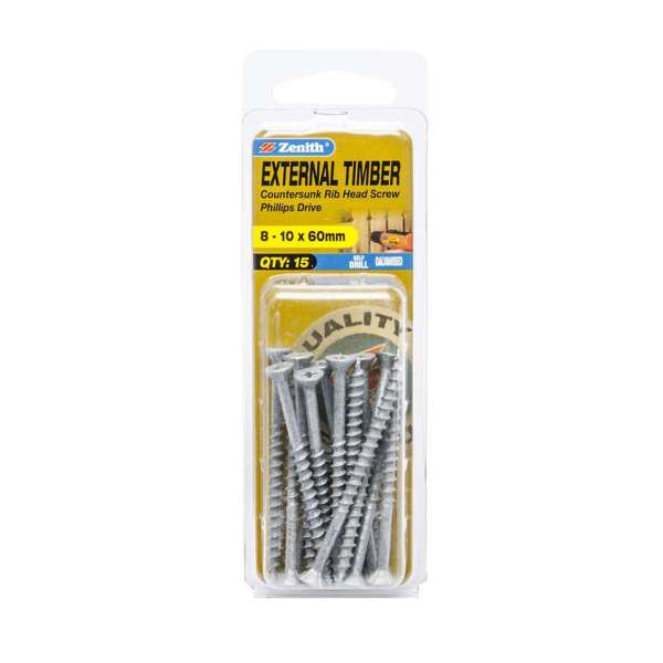 Zenith External Timber Countersunk Rib Head Screw 8-10 x 60mm - 15 Pack