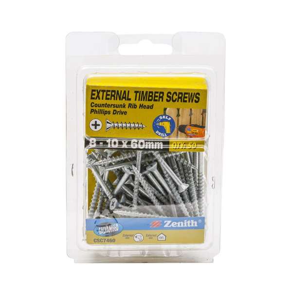 Zenith External Timber Screws Galvanised 8G x 60mm - 50 Pack