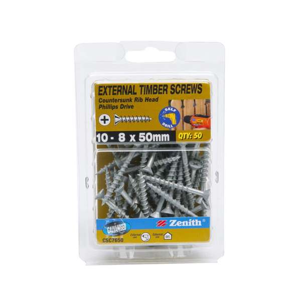 Zenith External Timber Screws Galvanised 10G x 50mm - 50 Pack