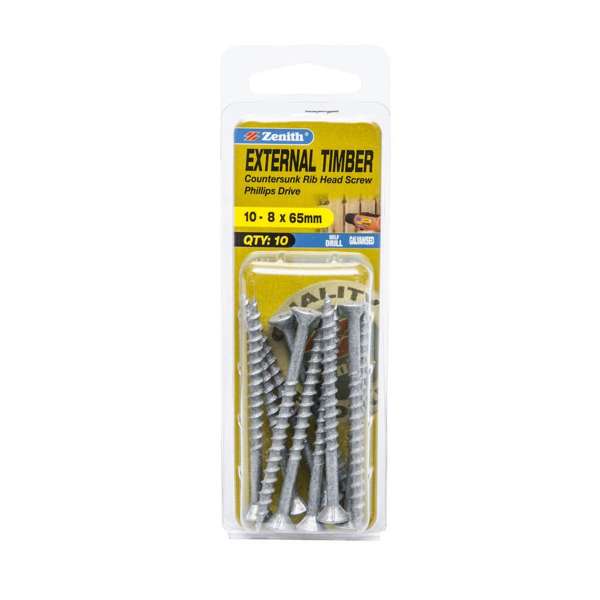 Zenith External Timber Countersunk Rib Head Screw 10-8 x 65mm - 10 Pack