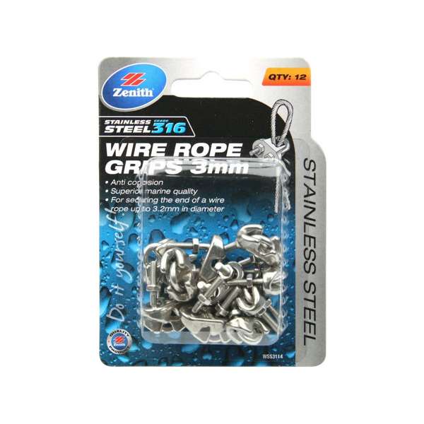 Zenith Wire Rope Grips Stainless Steel 3mm - 12 Piece