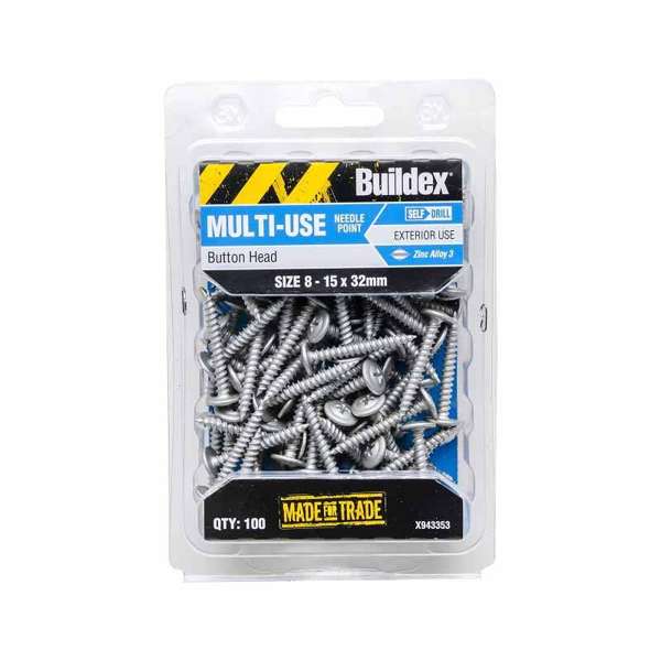 Buildex Multi-Use Screws Button Zinc Alloy 8 - 15 x 32mm - 100 Pack