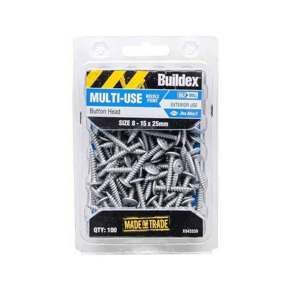 Buildex Multi-Use Screws Button Zinc Alloy 8 - 15 x 25mm - 100 Pack