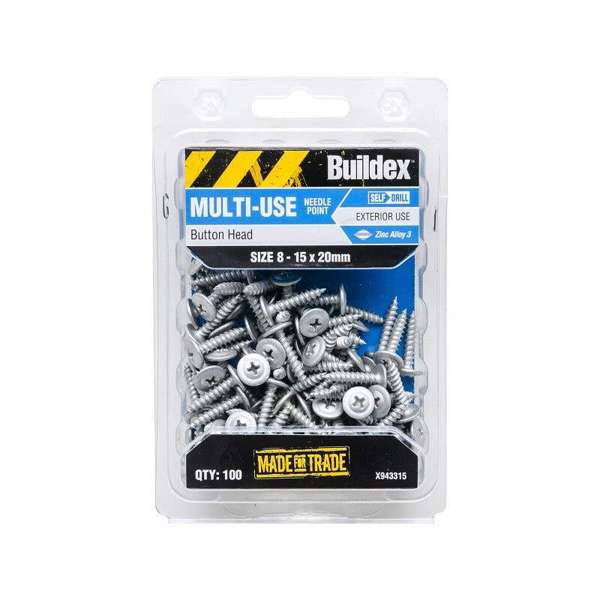 Buildex Multi-Use Screws Button Zinc Alloy 8 - 15 x 20mm - 100 Pack