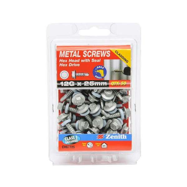 Zenith Metal Screws Hex Head with Seal Galvanised 12G x 25mm - 50 Pack