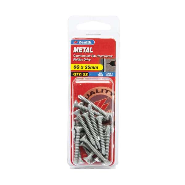 Zenith Countersunk Rib Head Metal Screw 8-18 x 35mm - 22 Pack