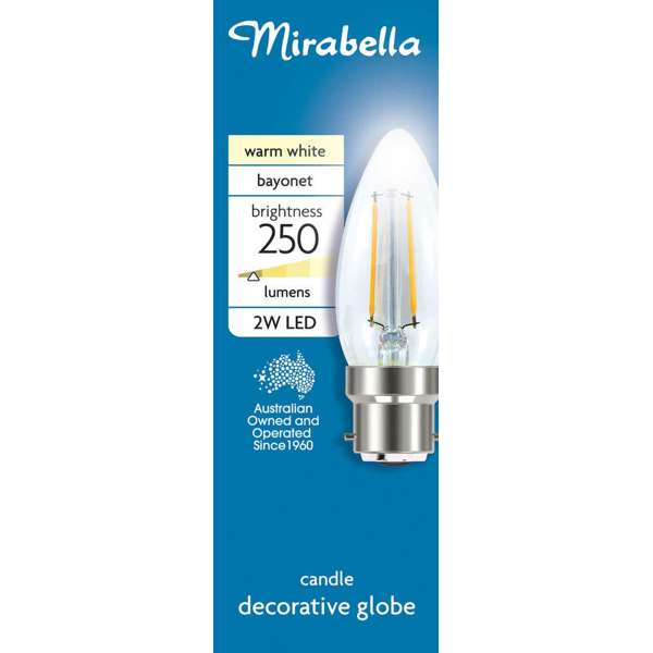 Mirabella LED Globe Filament Candle 2W BC Warm White