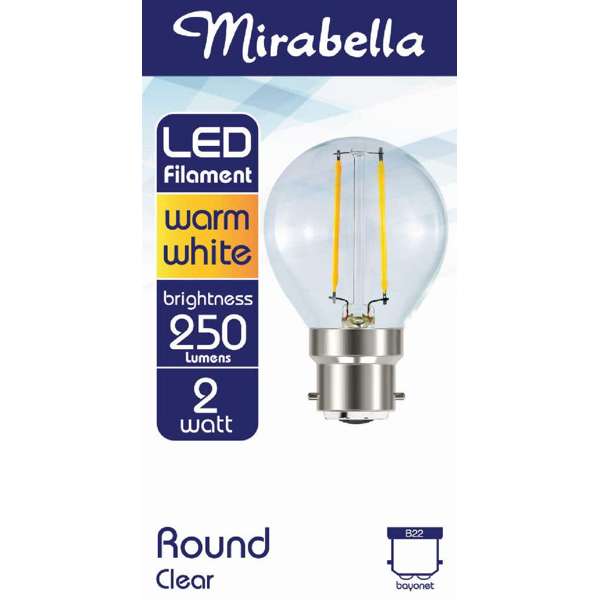 Mirabella LED Filament Round Globe 2W BC Warm White