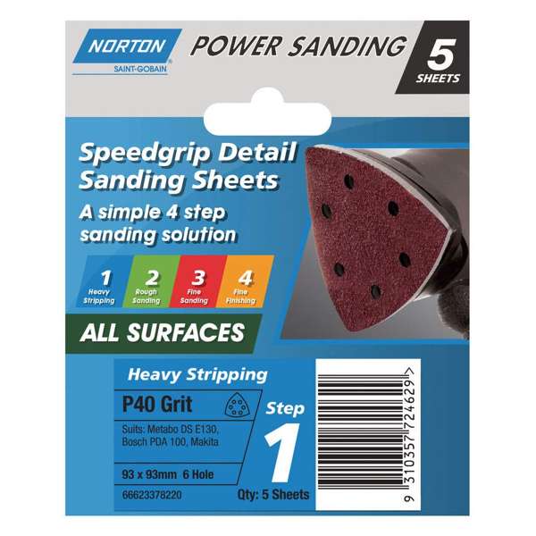 Norton Sanding Sheet 6H P40 Grit 93 x 93mm - 5 Pack