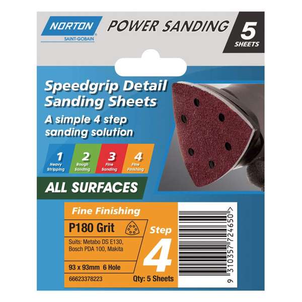 Norton Sanding Sheet 6H P180 Grit 93 x 93mm - 5 Pack