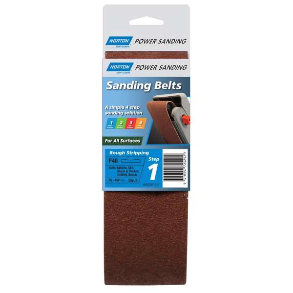 Norton Sanding Belt Cloth P40 Grit 75 x 457mm - 2 Pack