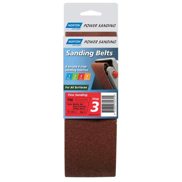 Norton Sanding Belt Cloth P80 Grit 75 x 457mm - 2 Pack