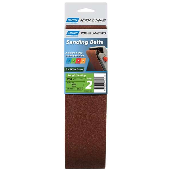 Norton Cloth Sanding Belt P60 Grit 75 x 533mm - 2 Pack