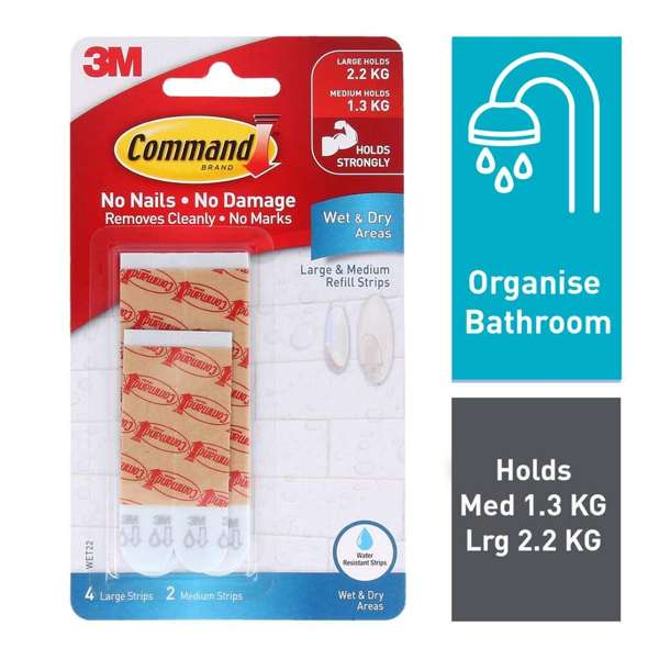 Command Refill Strips Wet Area Medium & Large - 6 Pack