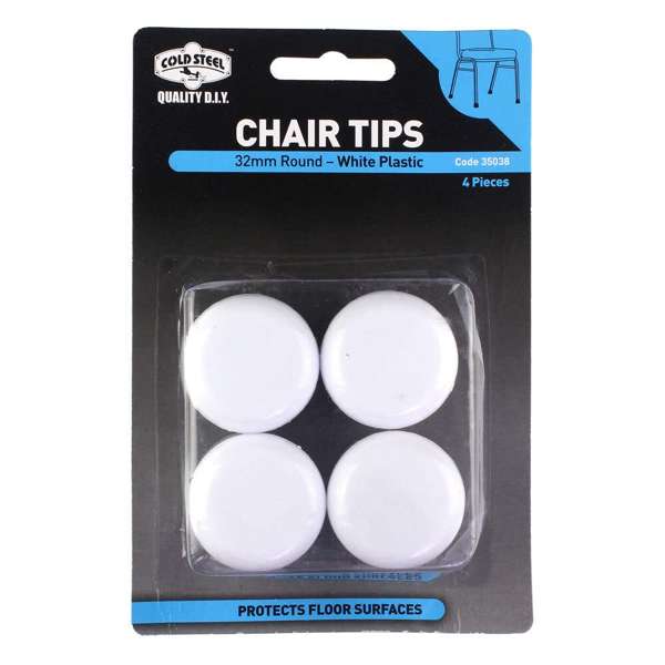 Cold Steel Round Plastic Chair Tips White 32mm - 4 Pack